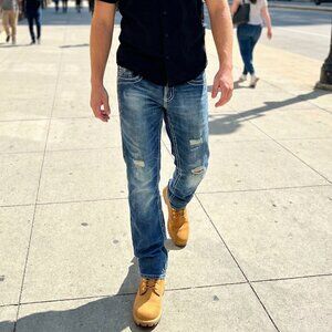 Mens Antique River Distressed Straight Leg Jeans 34x34 | Vintage Wash Denim